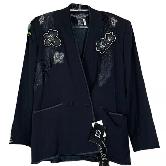 Vtg Suzelle Wool Leather Beaded Floral Embroidered Evening Jacket Black Size 14 - Picture 11 of 11